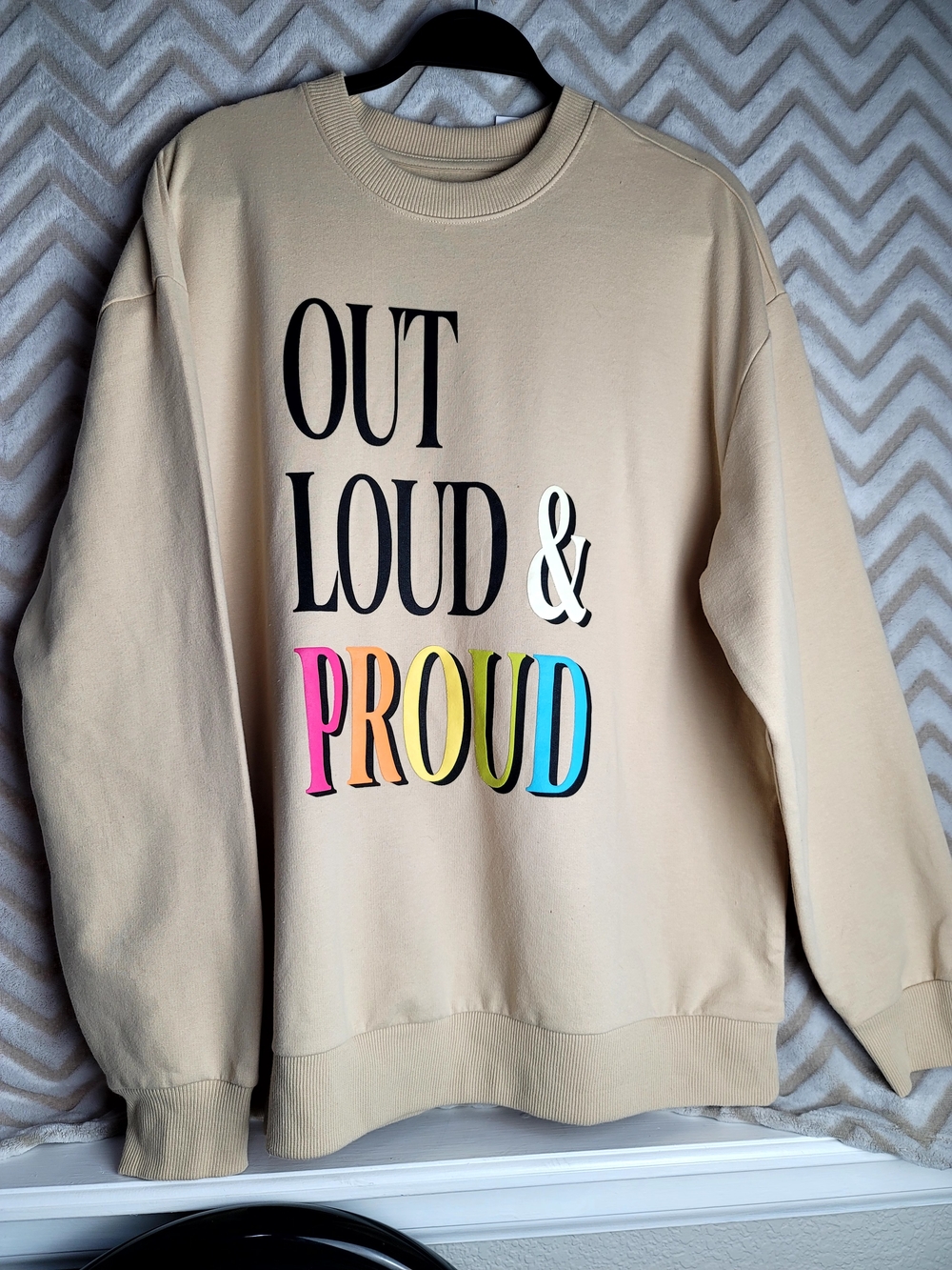 Beige Crewneck Sweatshirt - OUT LOUD & PROUD Graphic